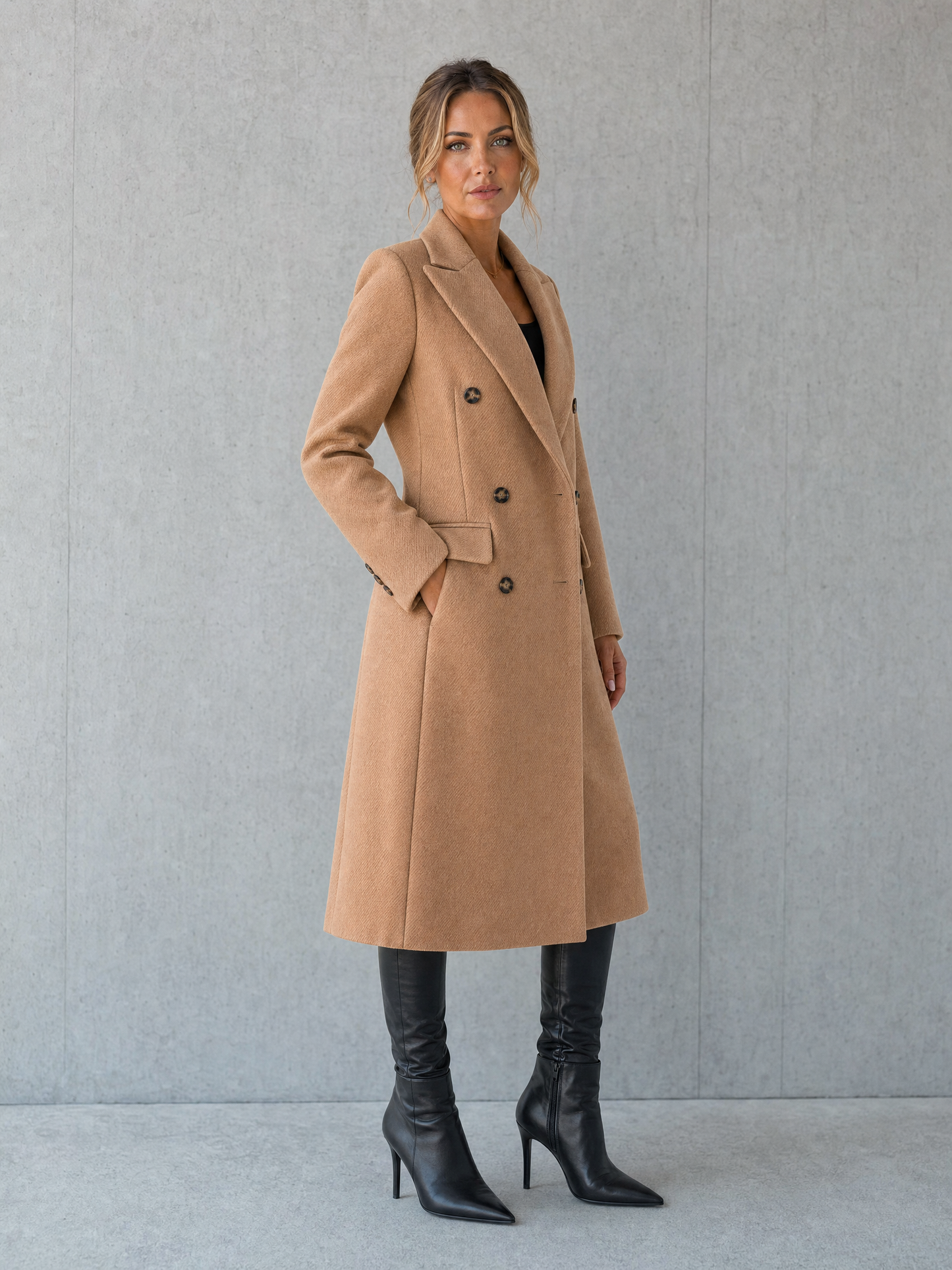 apricot long winter coat Averly London side view