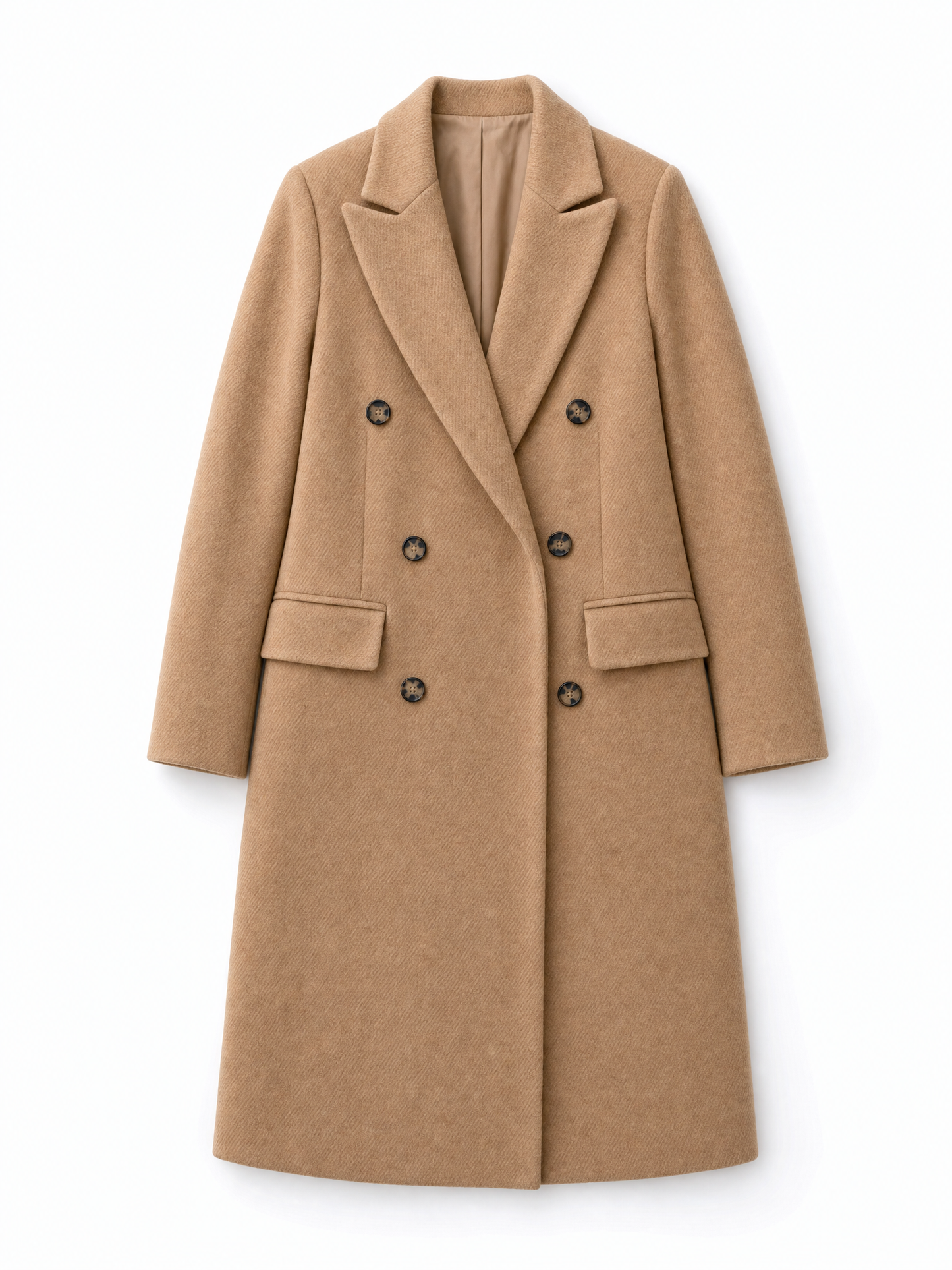 apricot long winter coat Averly London flat lay