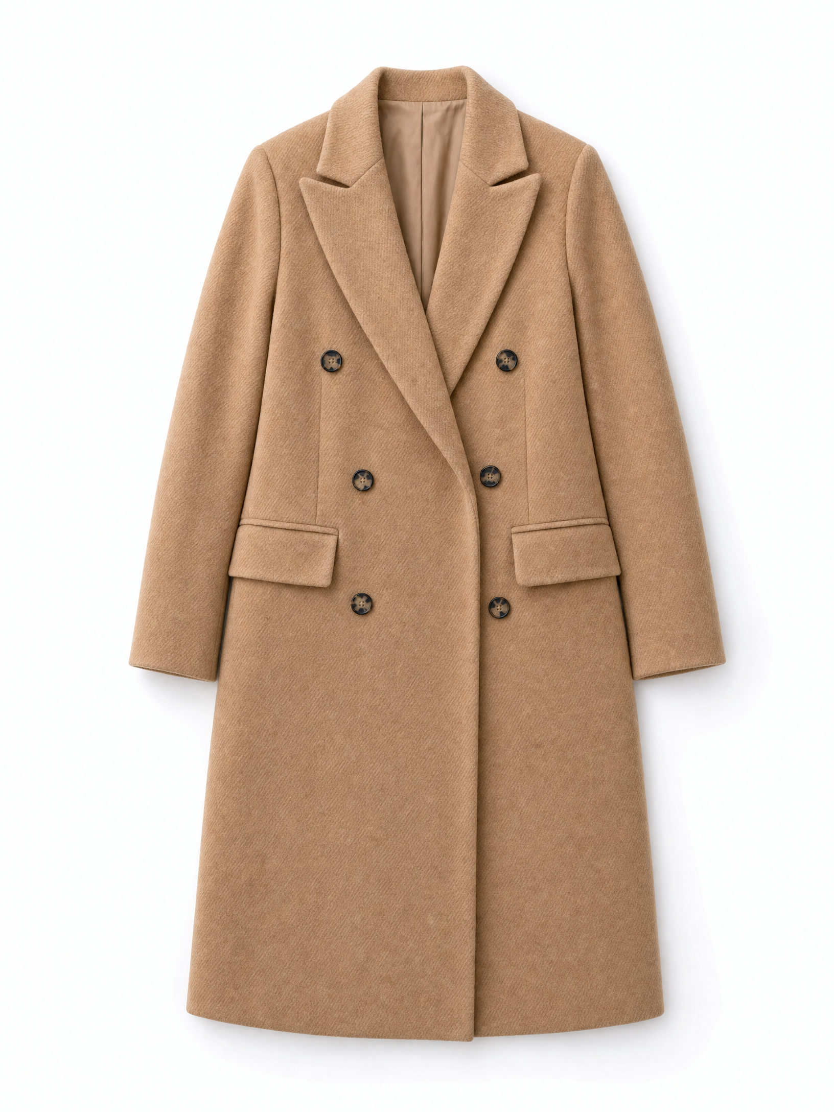apricot long winter coat Averly London flat lay