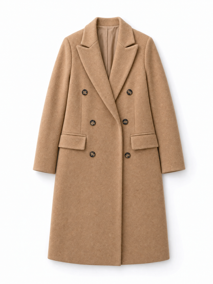 apricot long winter coat Averly London flat lay
