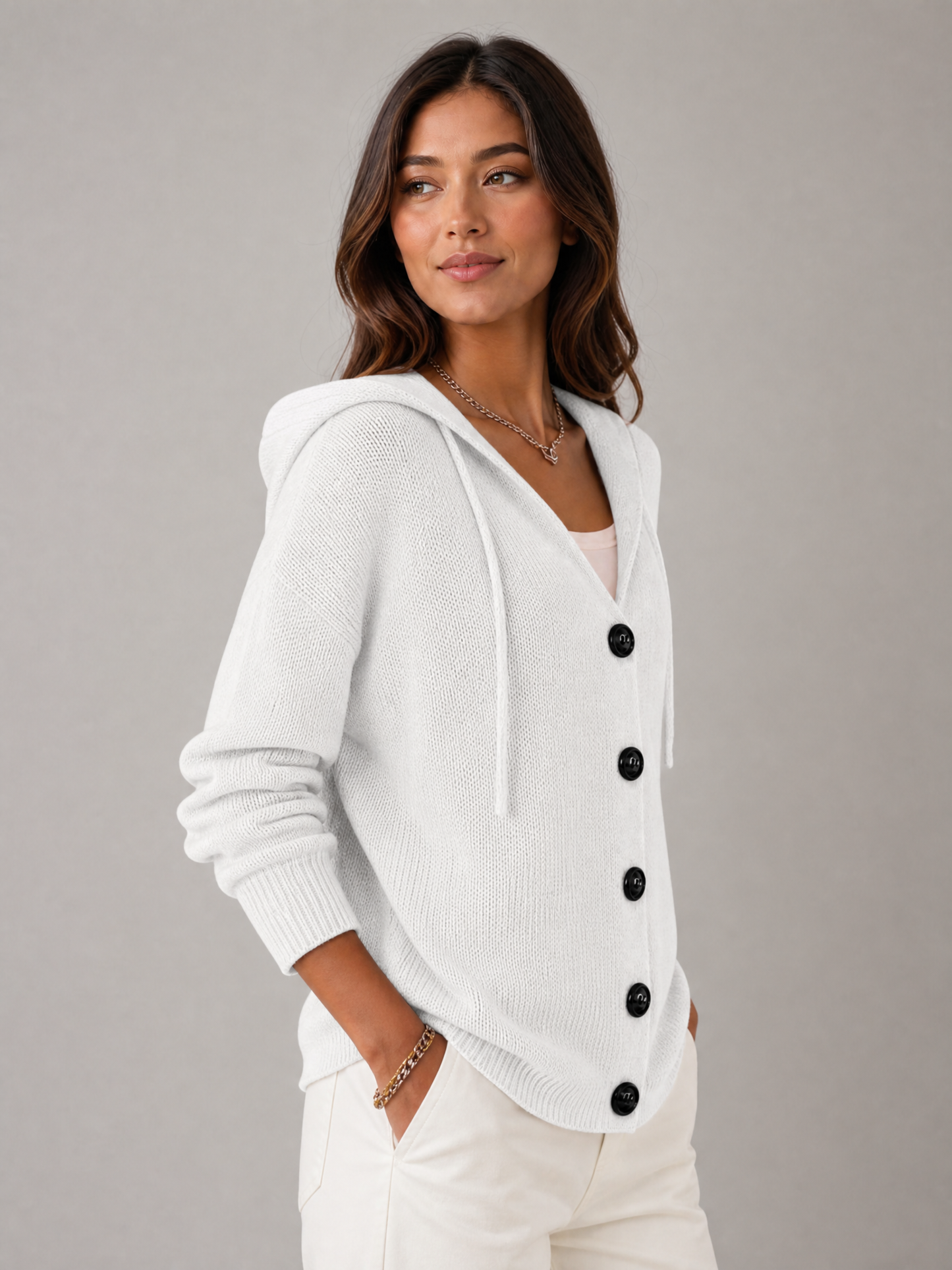 white longline open front cardigan Averly London side view