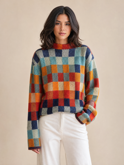 beige check cashmere crew neck sweater Averly London front