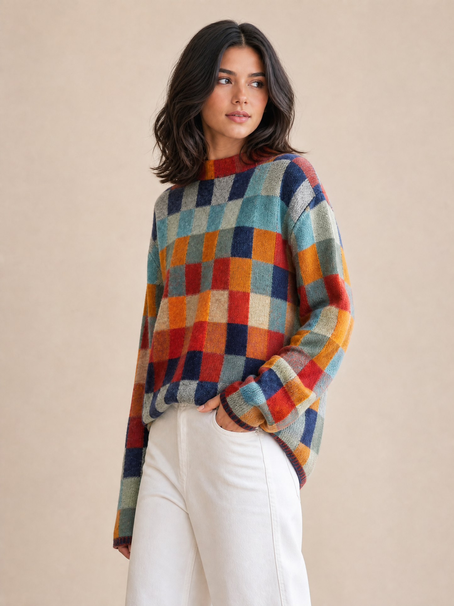 beige check cashmere crew neck sweater Averly London side view