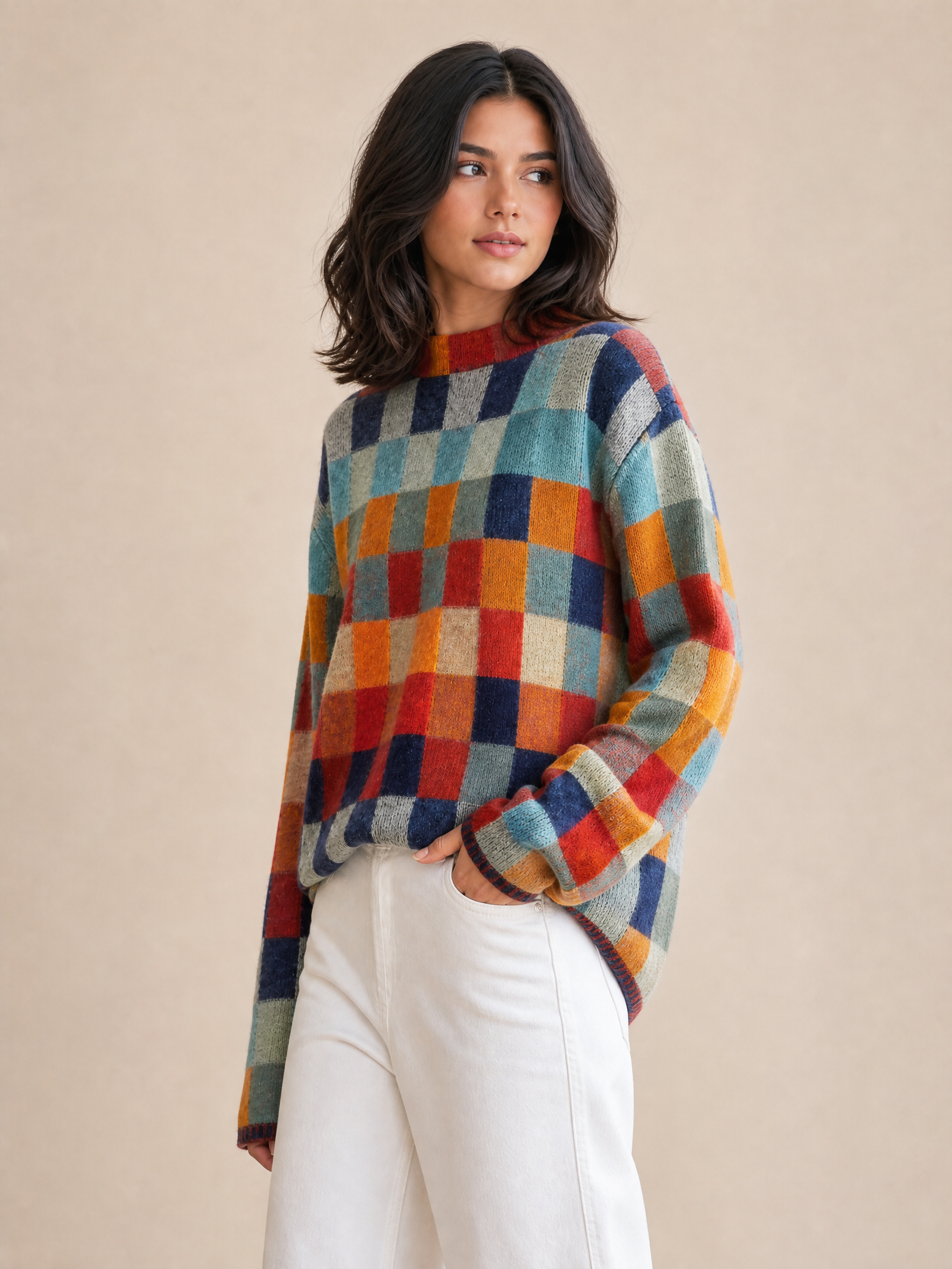 beige check cashmere crew neck sweater Averly London side view