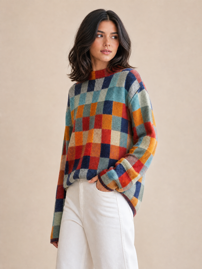 beige check cashmere crew neck sweater Averly London side view