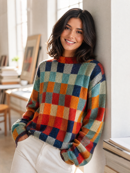 beige check cashmere crew neck sweater Averly London styled lifestyle