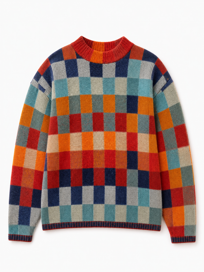 beige check cashmere crew neck sweater Averly London flat lay