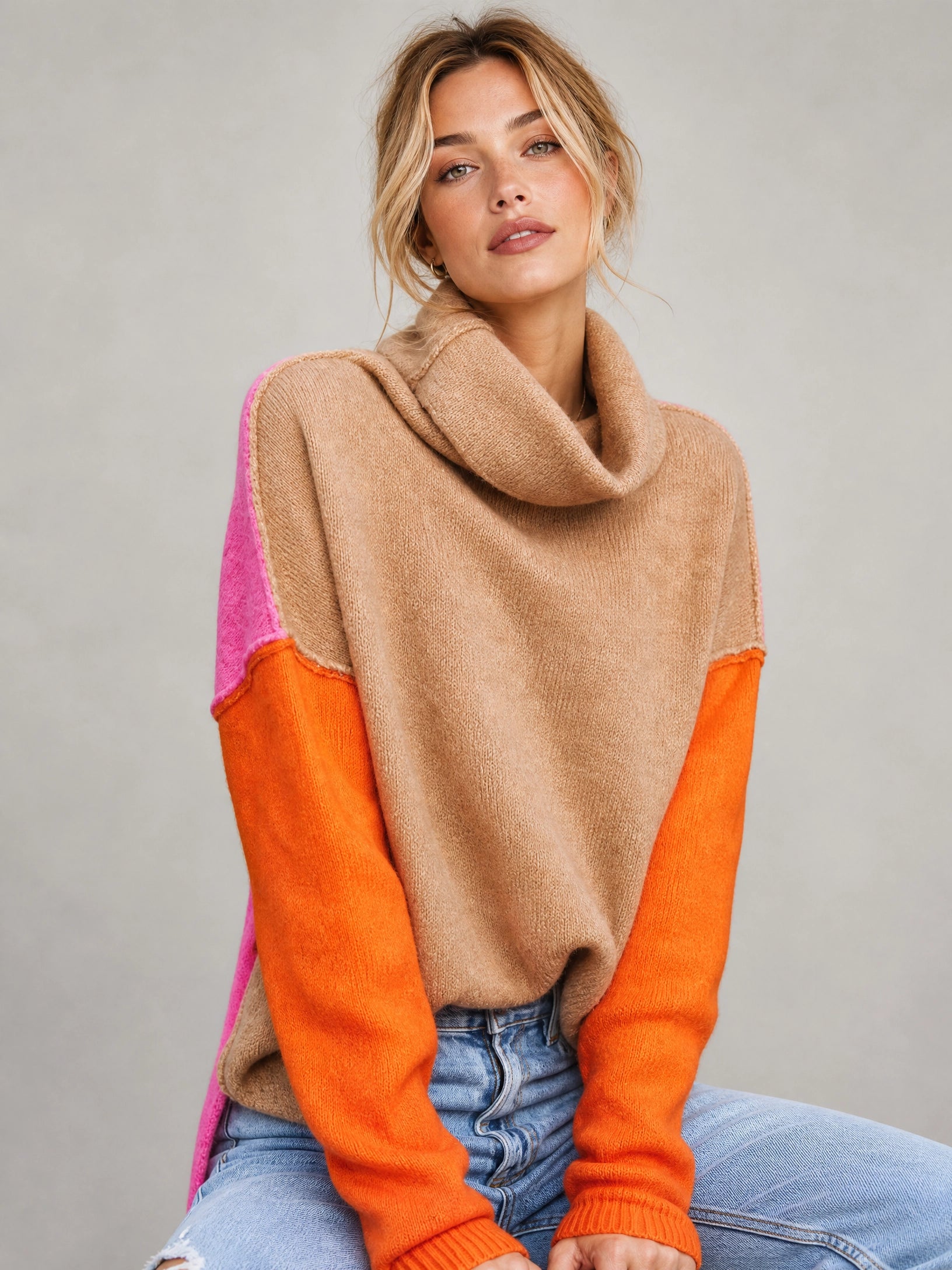 colour block turtleneck sweater Averly London geometric front