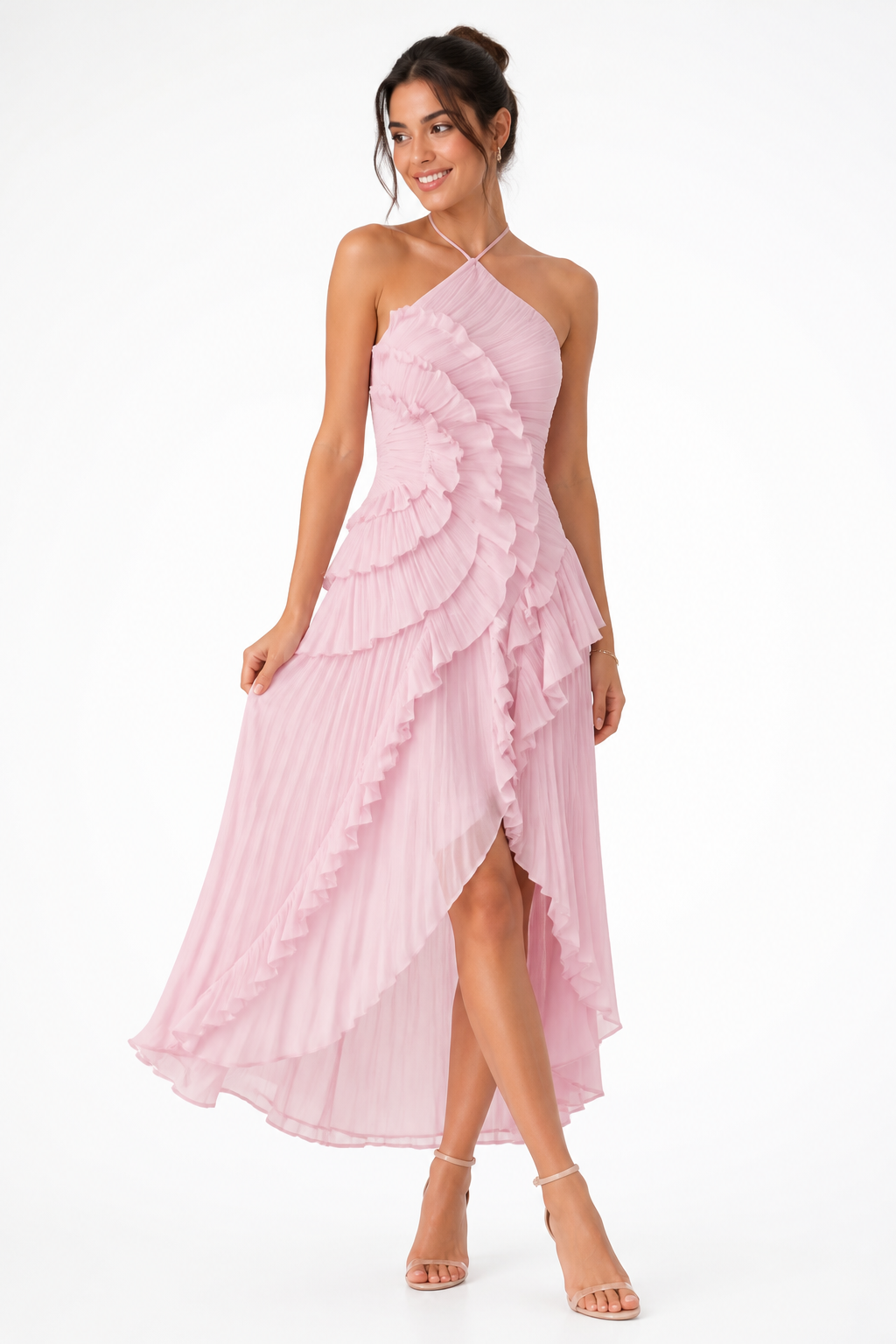 Women's Sleeveless Halter Neck Backless Ruffled Layered Maxi Dress