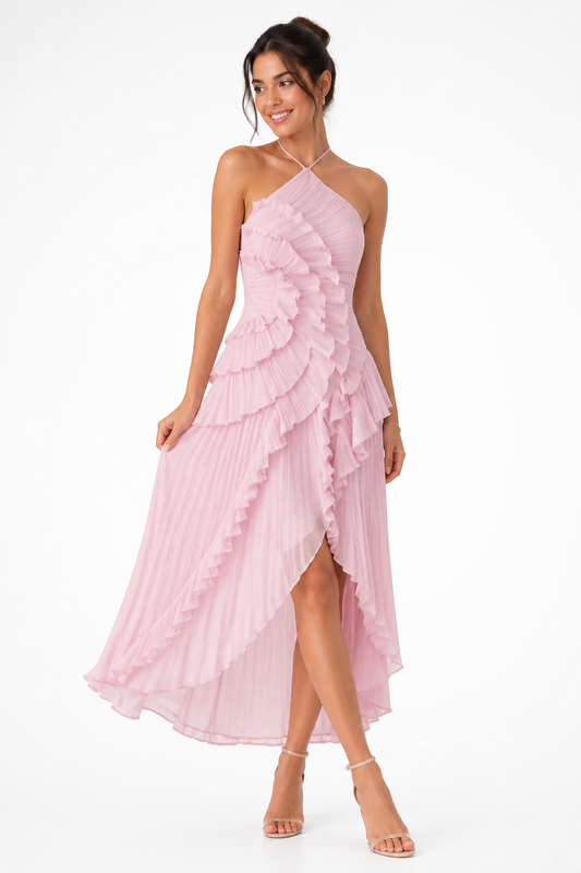 Women's Sleeveless Halter Neck Backless Ruffled Layered Maxi Dress