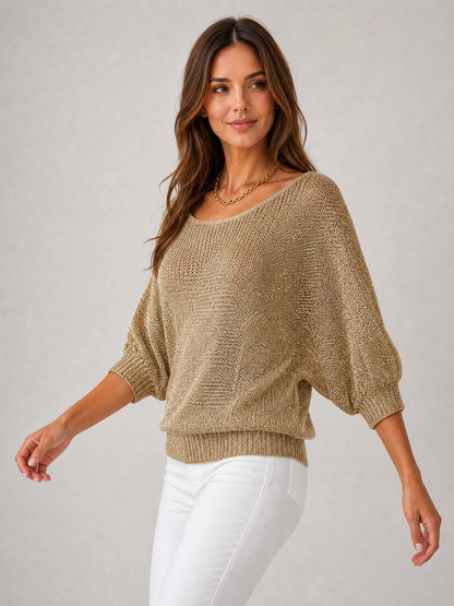 gold crew neck knit sweater Averly London side view