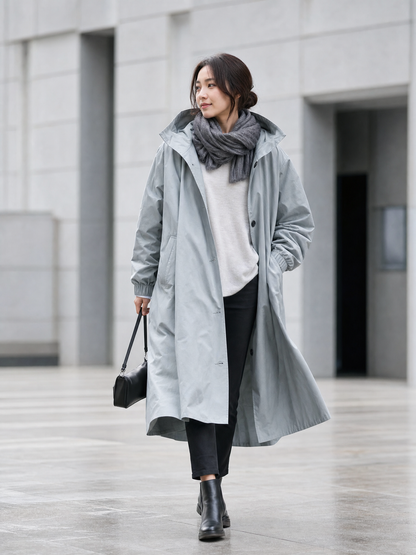 grey waterproof hooded trench coat Averly London styled lifestyle