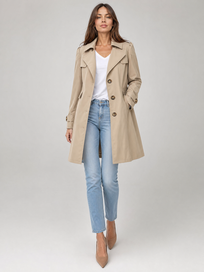 khaki double-breasted trench coat Averly London belted waist front