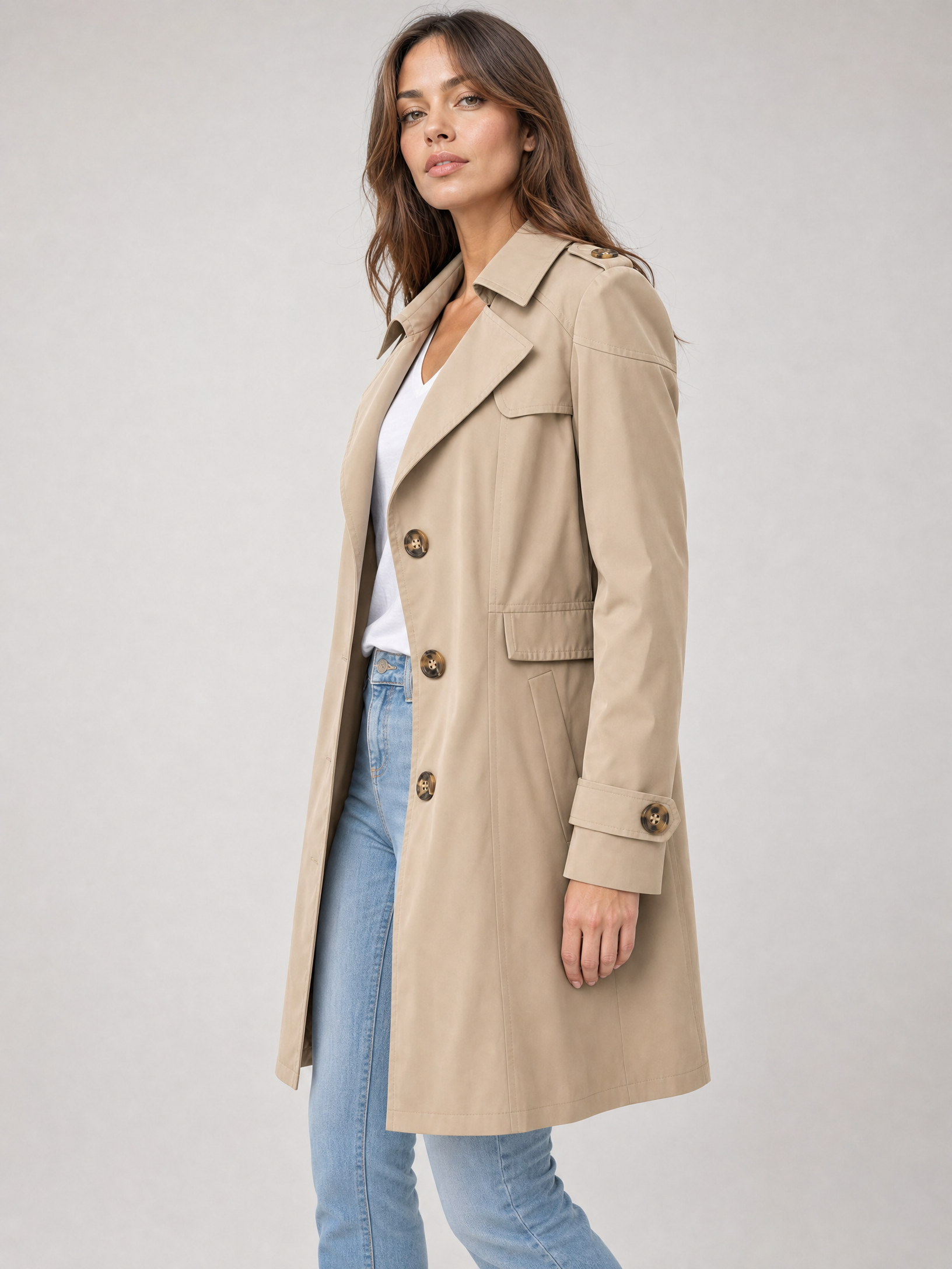 khaki double-breasted trench coat Averly London side view
