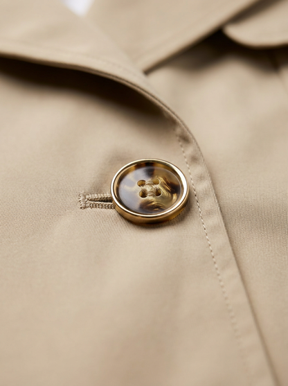 khaki double-breasted trench coat Averly London lapel collar detail