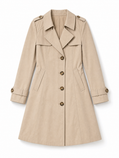 khaki double-breasted trench coat Averly London flat lay