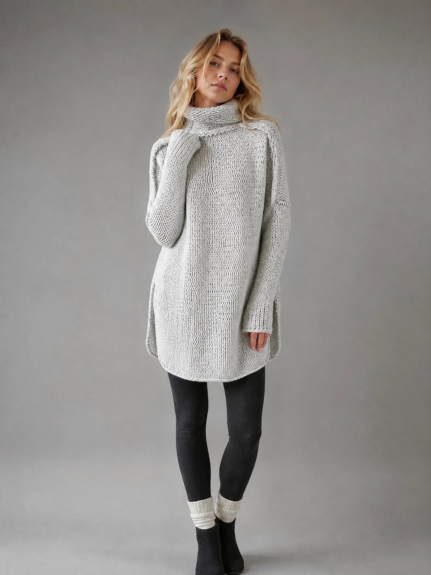 grey oversized long-line knit sweater Averly London front