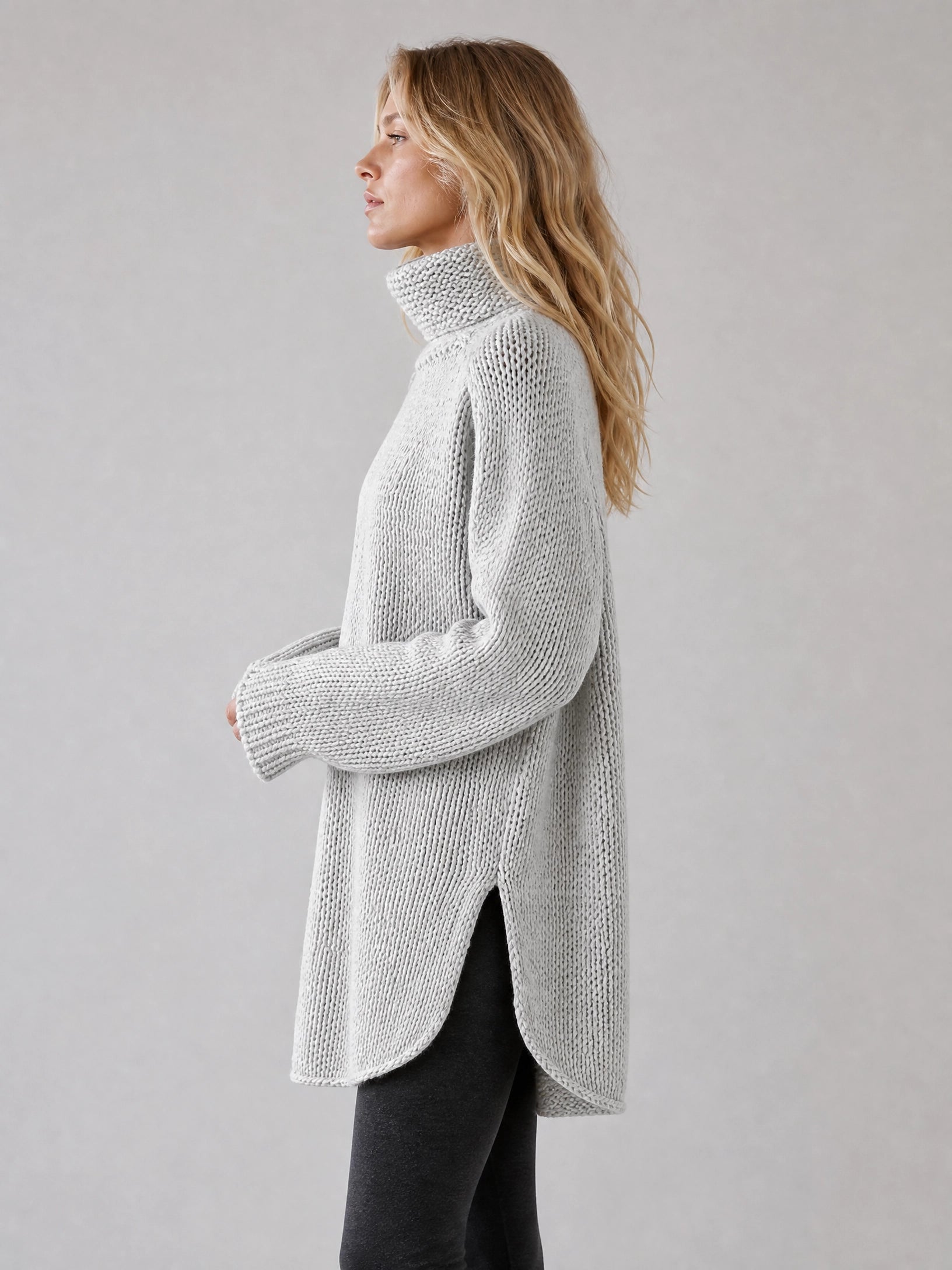 grey oversized long-line knit sweater Averly London side view
