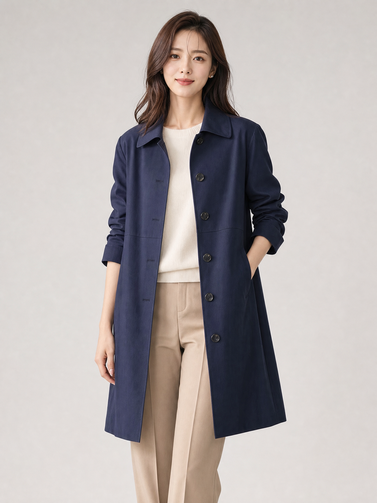 navy mid-length waterproof trench coat Averly London front