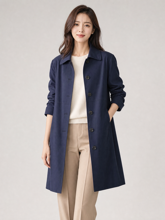 navy mid-length waterproof trench coat Averly London front