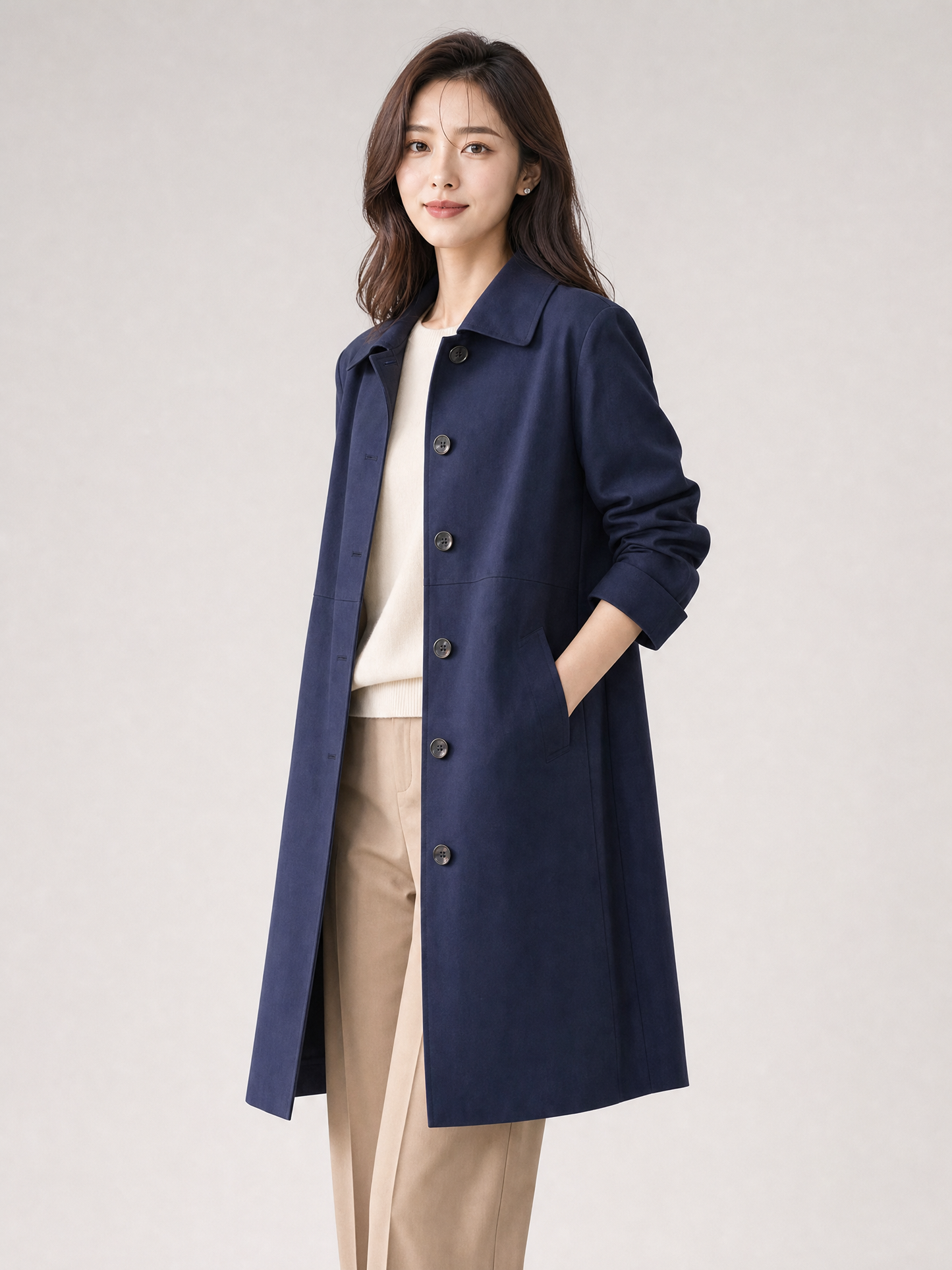 navy mid-length waterproof trench coat Averly London side view