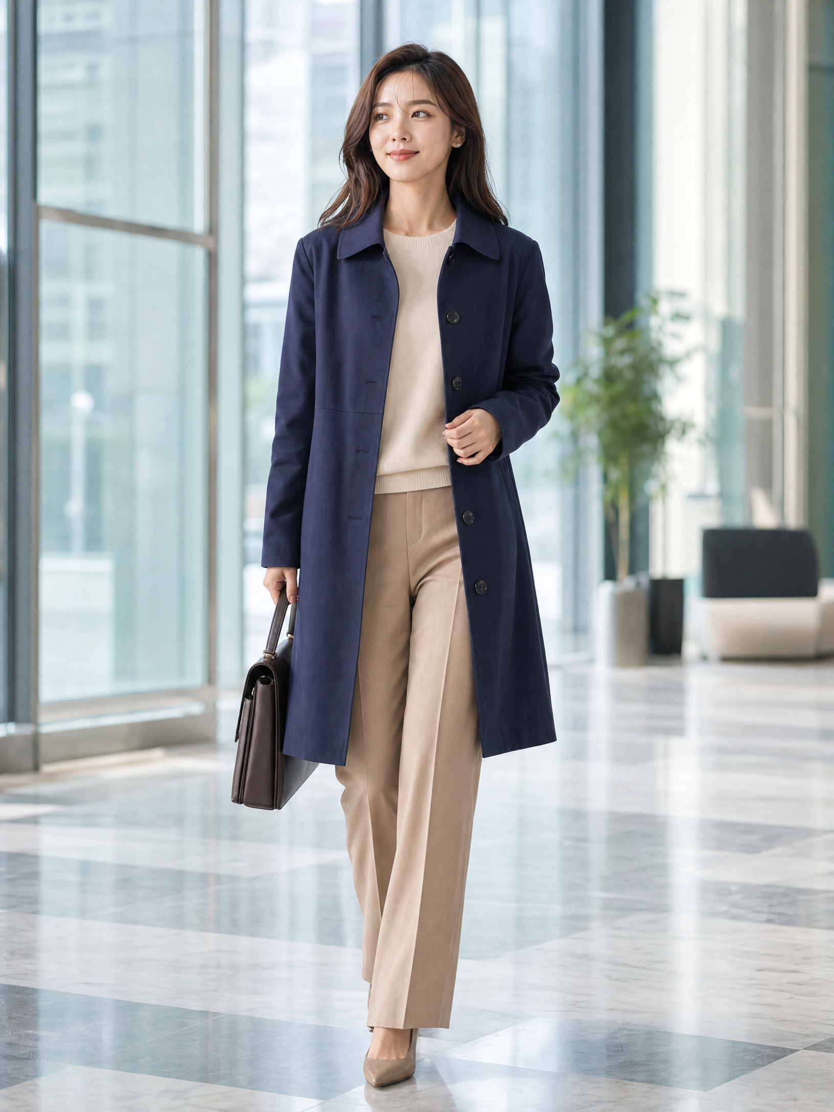 navy mid-length waterproof trench coat Averly London styled lifestyle