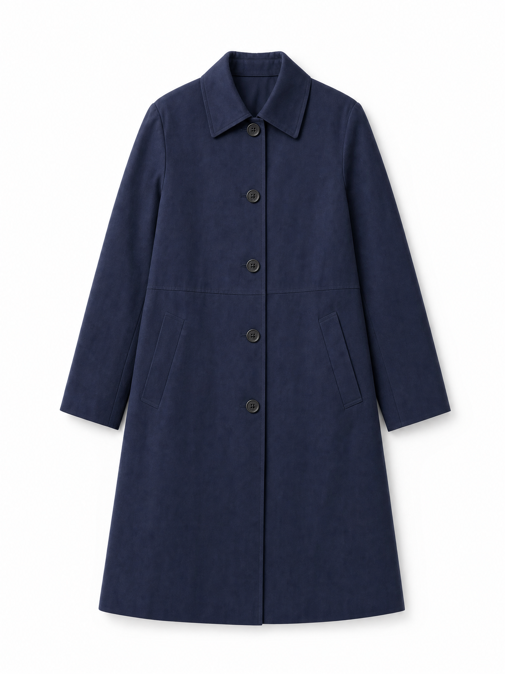 navy mid-length waterproof trench coat Averly London flat lay
