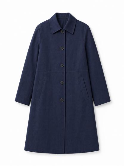 navy mid-length waterproof trench coat Averly London flat lay