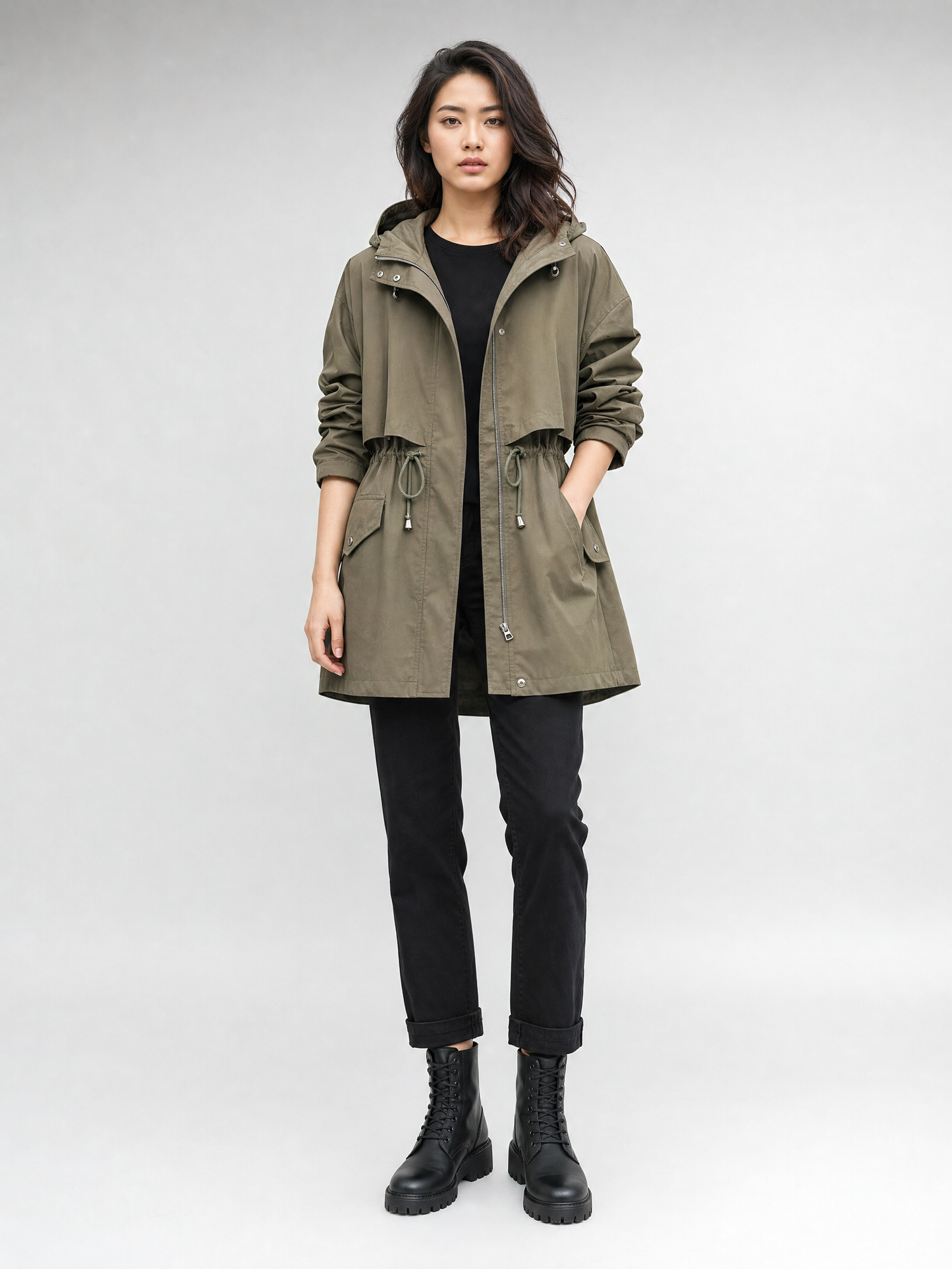 khaki waterproof hooded trench coat Averly London front