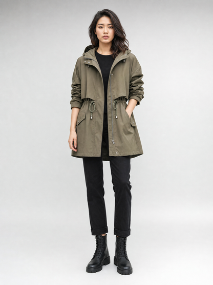 khaki waterproof hooded trench coat Averly London front