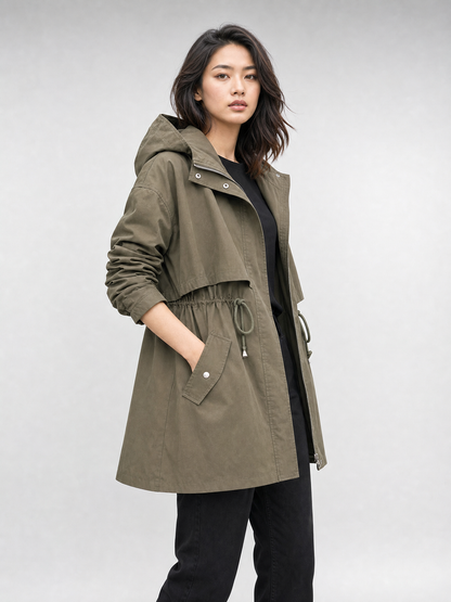 khaki waterproof hooded trench coat Averly London side view