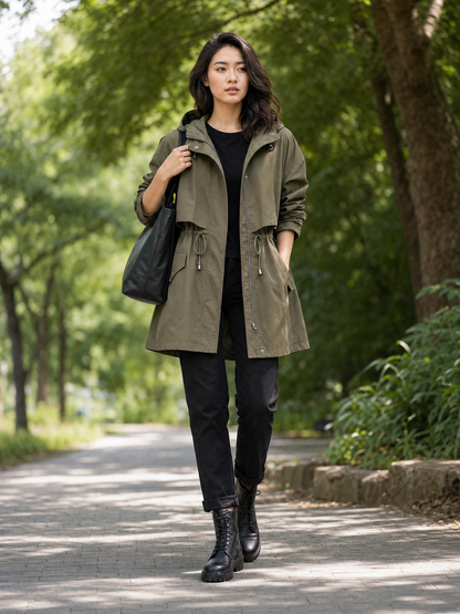 khaki waterproof hooded trench coat Averly London styled lifestyle