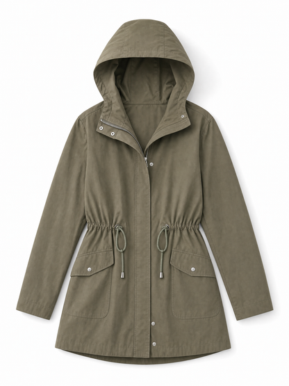 khaki waterproof hooded trench coat Averly London flat lay