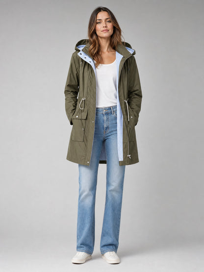 green waterproof trench coat detachable hood Averly London front