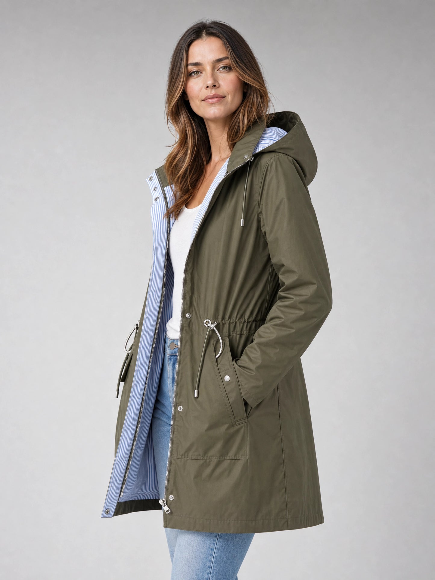 green waterproof trench coat detachable hood Averly London side view