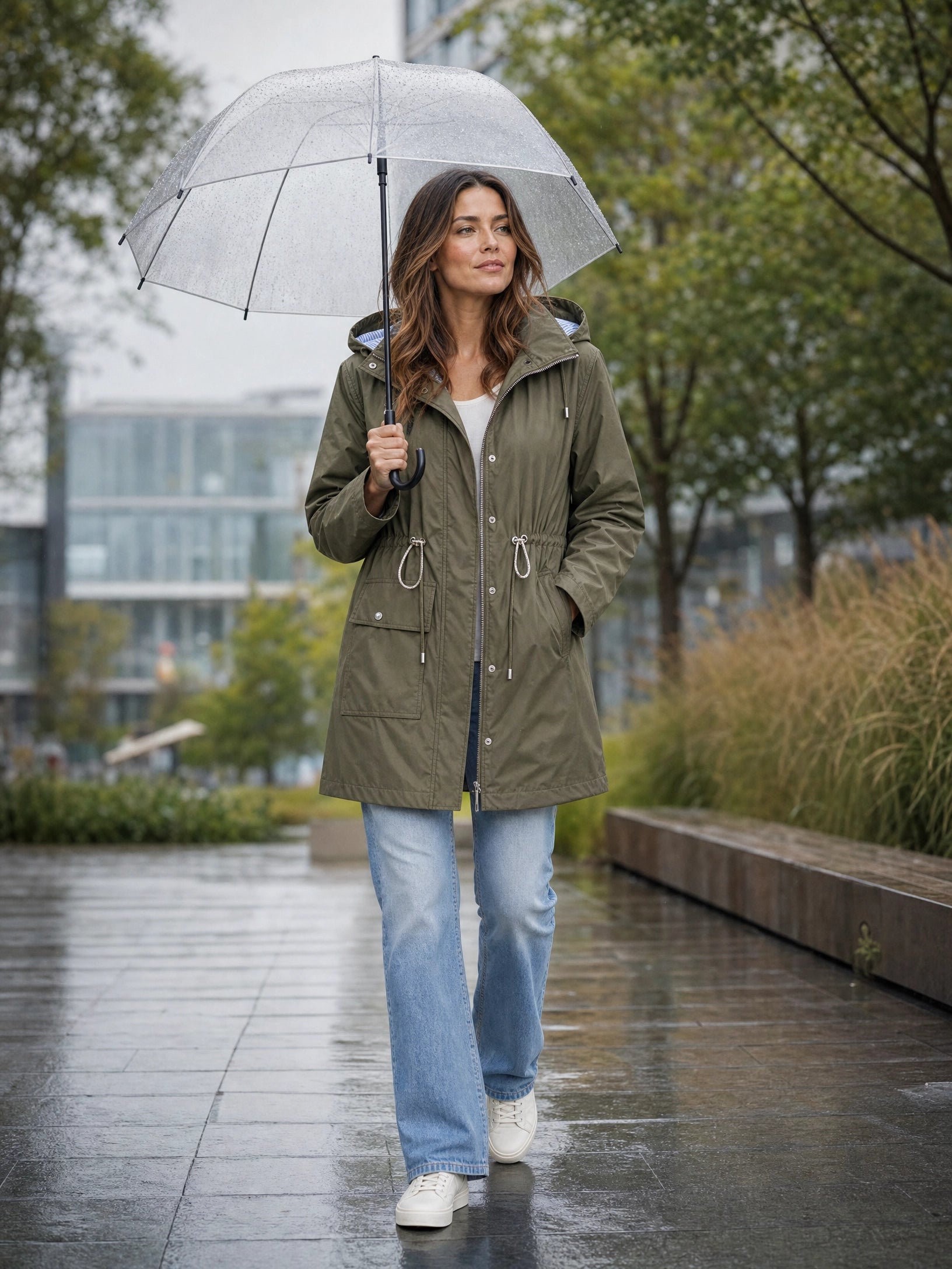 green waterproof trench coat detachable hood Averly London styled lifestyle