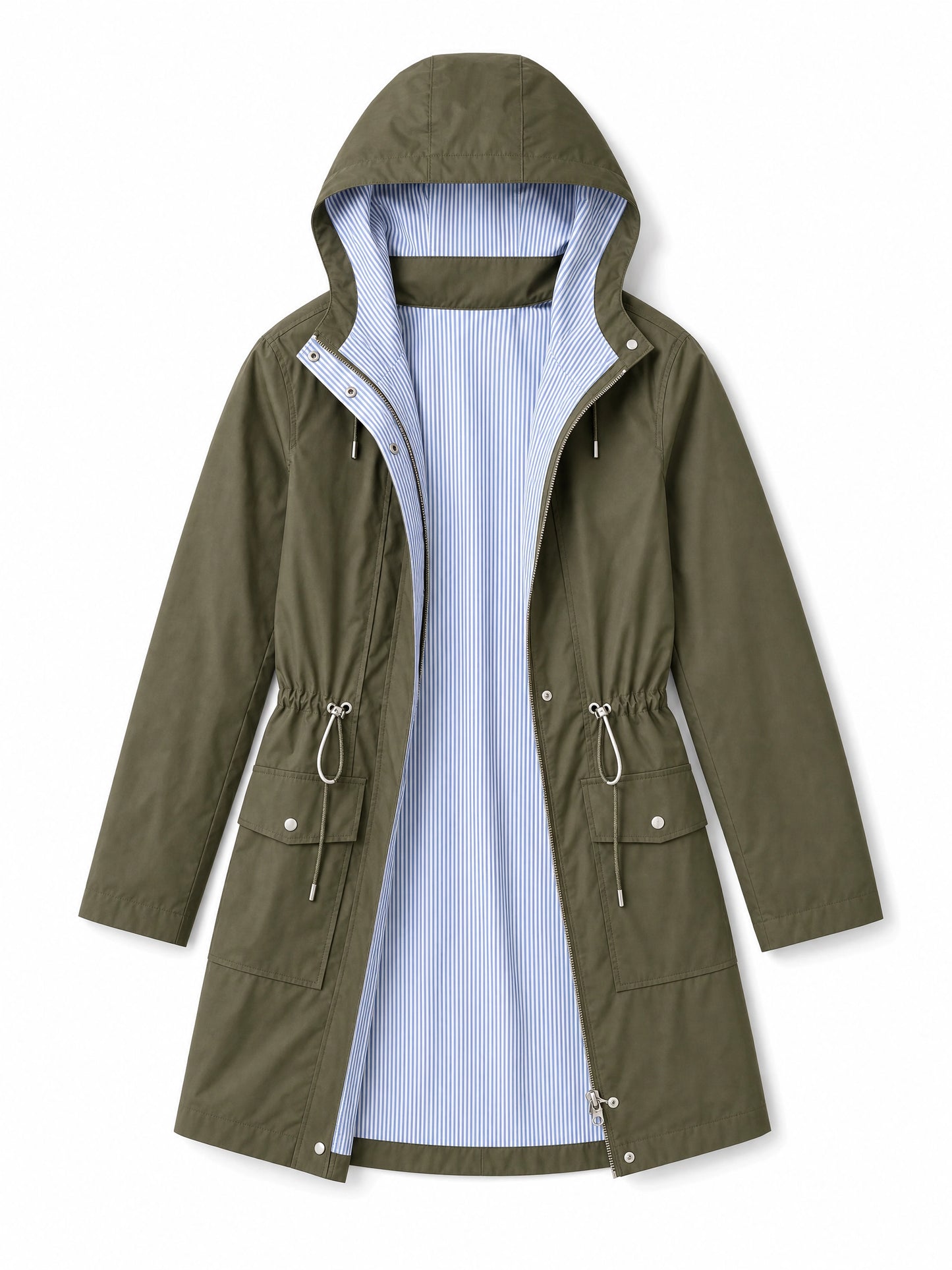 green waterproof trench coat detachable hood Averly London flat lay