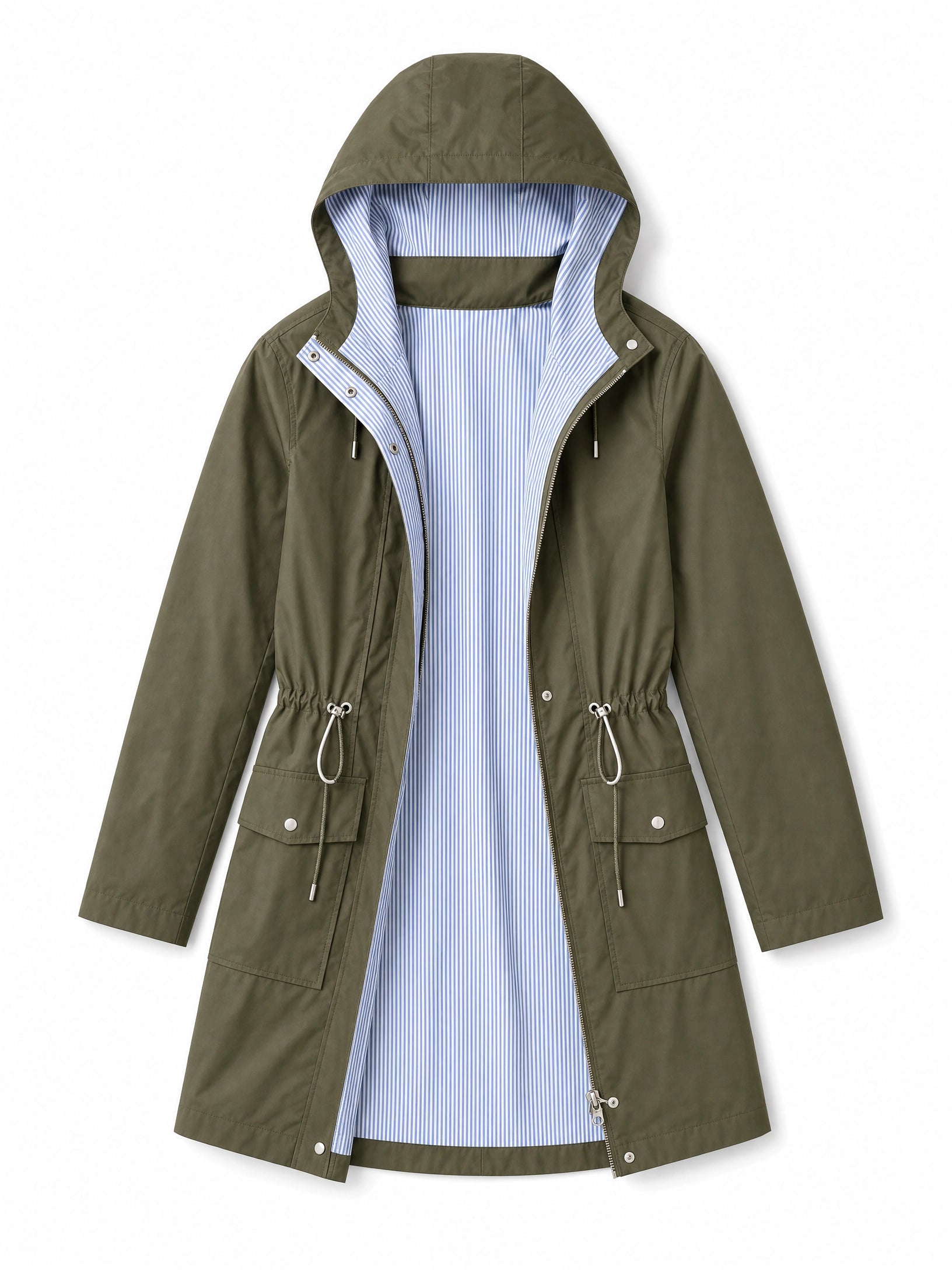 green waterproof trench coat detachable hood Averly London flat lay
