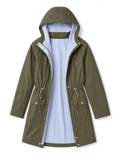 green waterproof trench coat detachable hood Averly London flat lay