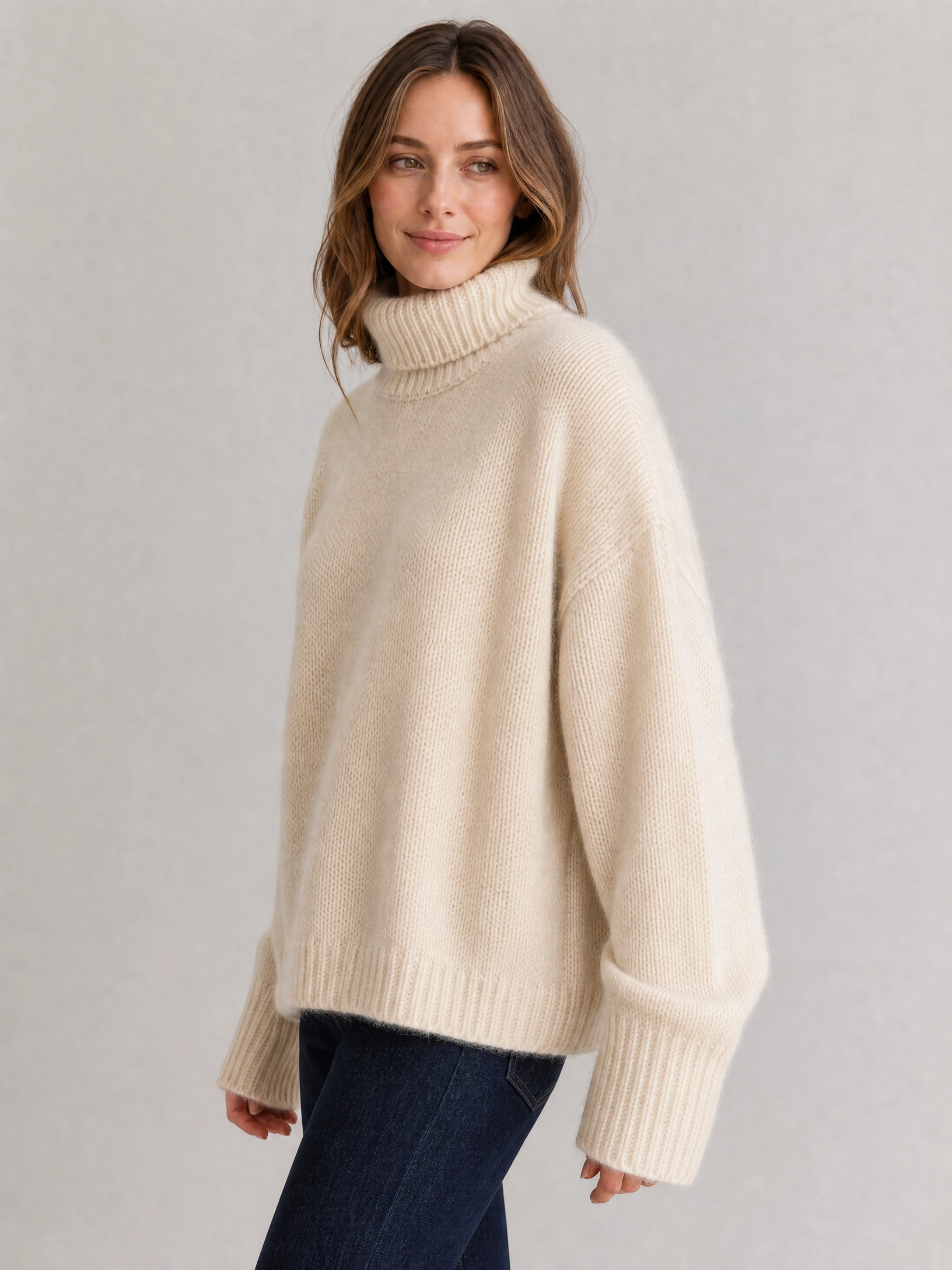 beige cashmere turtleneck sweater Averly London side view