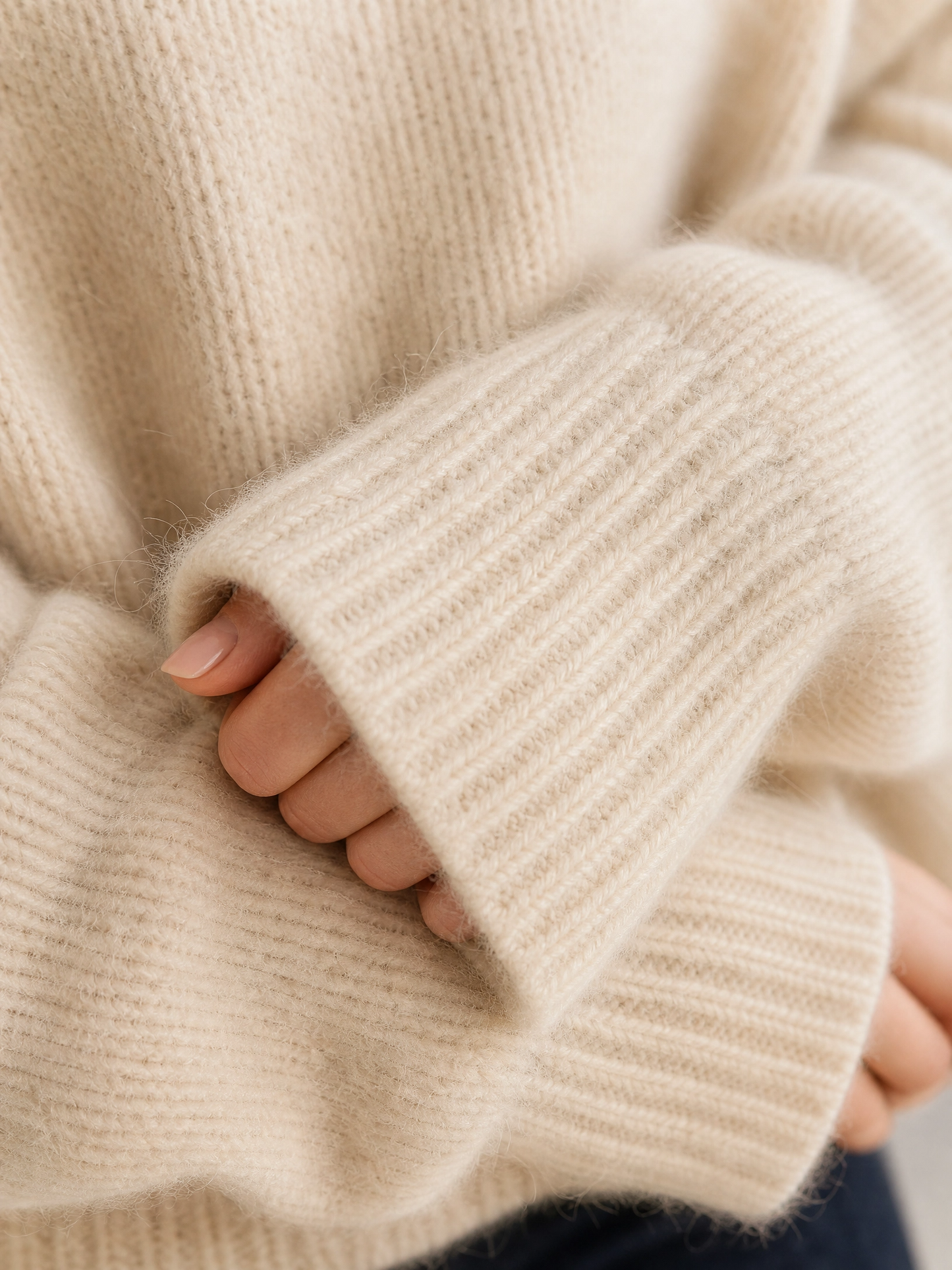 beige cashmere turtleneck sweater Averly London ribbed detail
