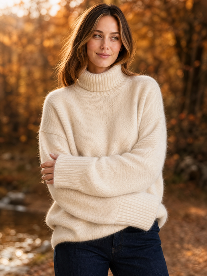beige cashmere turtleneck sweater Averly London styled lifestyle