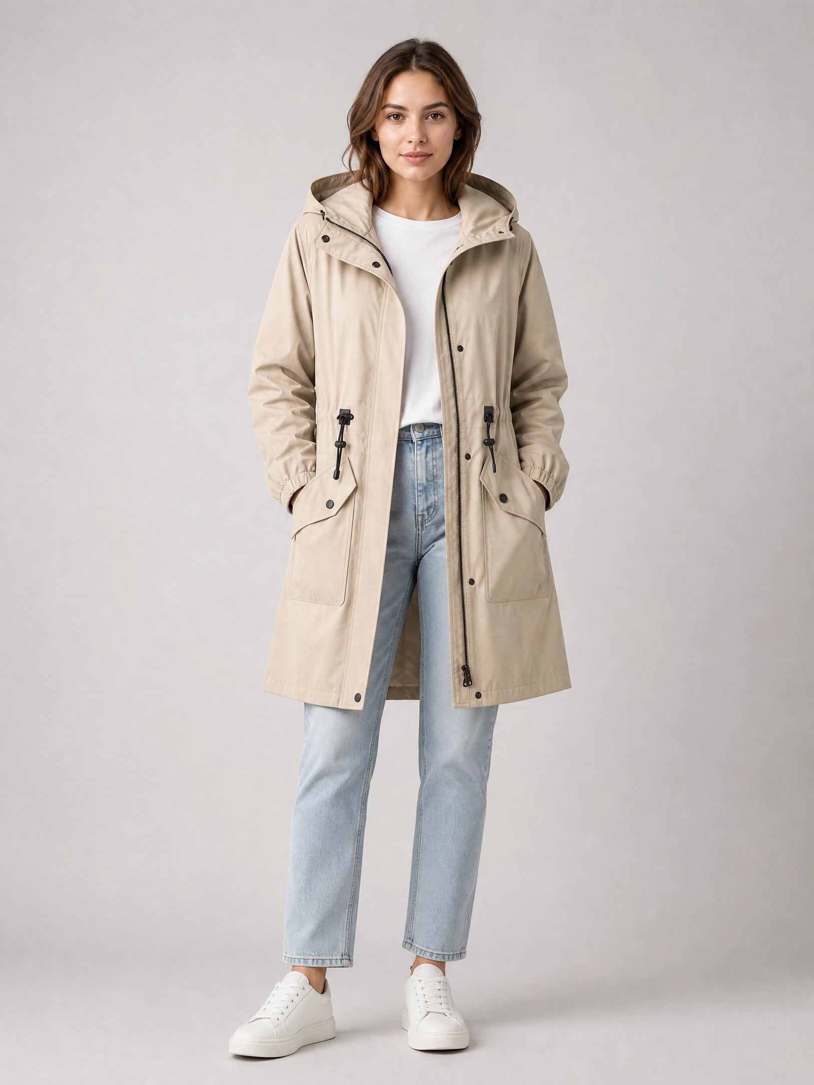 khaki hooded cotton trench coat Averly London front