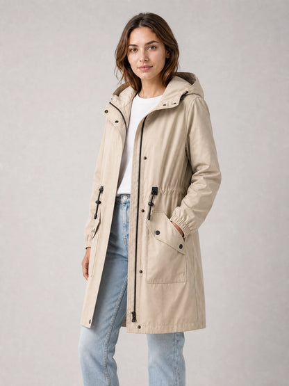 khaki hooded cotton trench coat Averly London side view