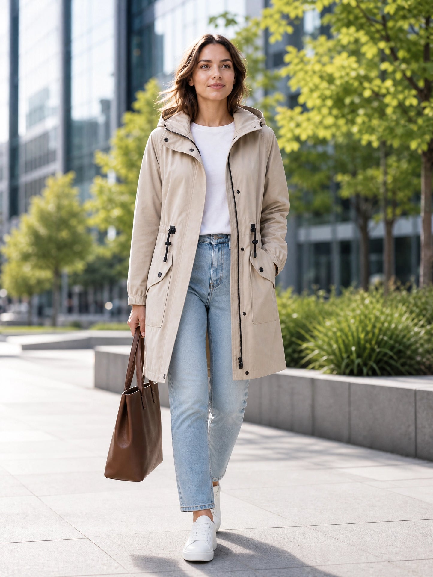 khaki hooded cotton trench coat Averly London styled lifestyle