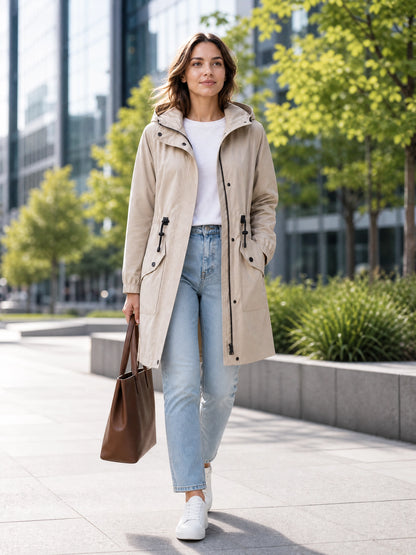 khaki hooded cotton trench coat Averly London styled lifestyle