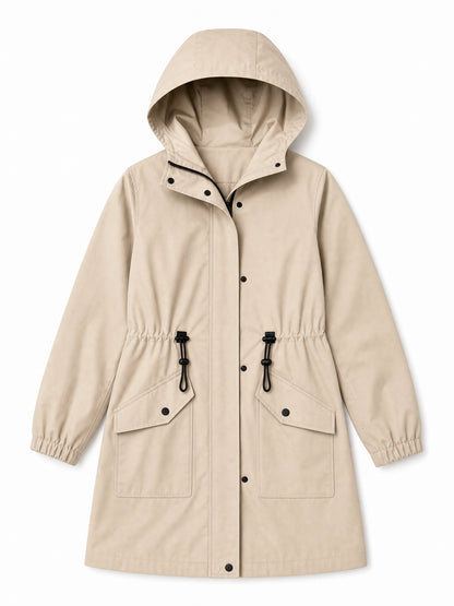 khaki hooded cotton trench coat Averly London flat lay
